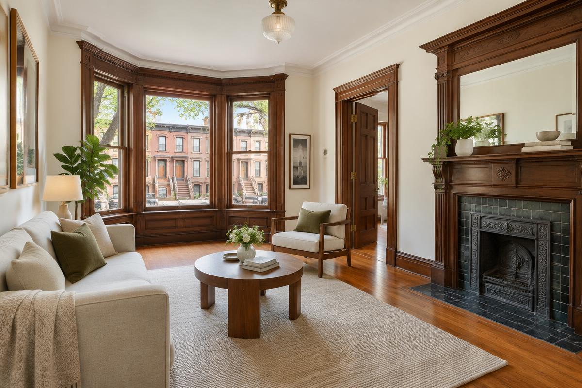 Brooklyn brownstone apartment with bay windows overlooking neighboring brownstones